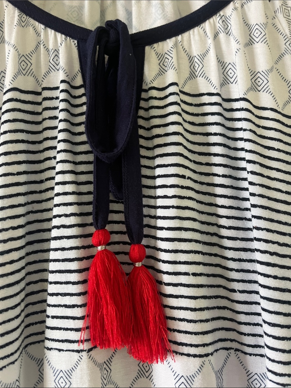 Striped Navy & White Long Sleeve Tunic with Red Tassels - Picture 1 of 5